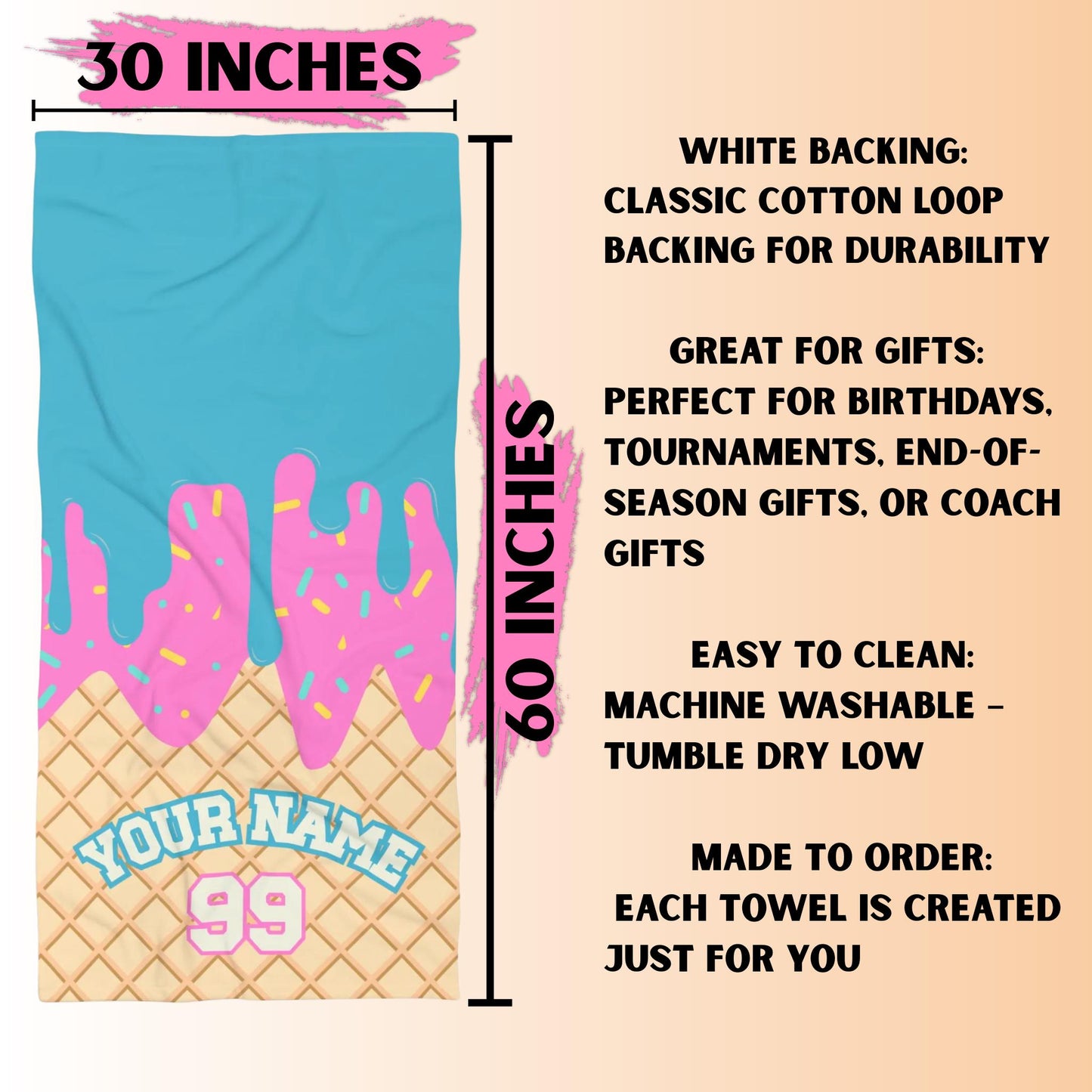 Ice Cream Drip Beach Towel Baseball Player Gift Cotton Candy Personalized Name Team Order Baseball Custom Order Custom Colors Team Match