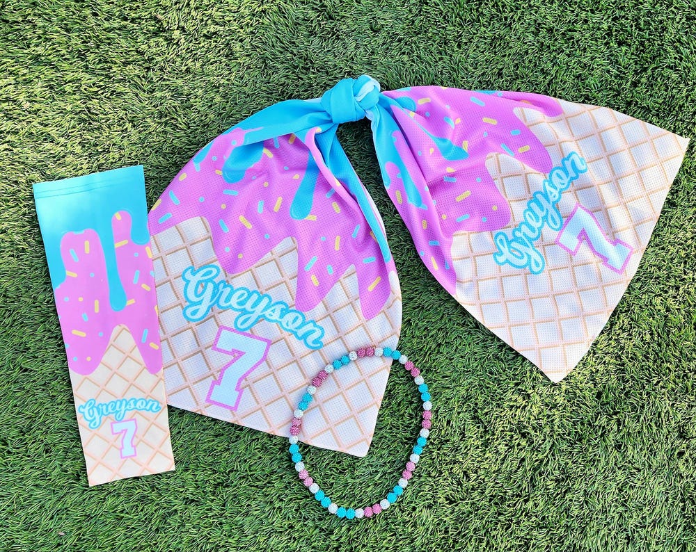 Custom Ice Cream Cone Drip Sports Cooling Towel Drippy Design with Matching Arm Sleeve and Necklace