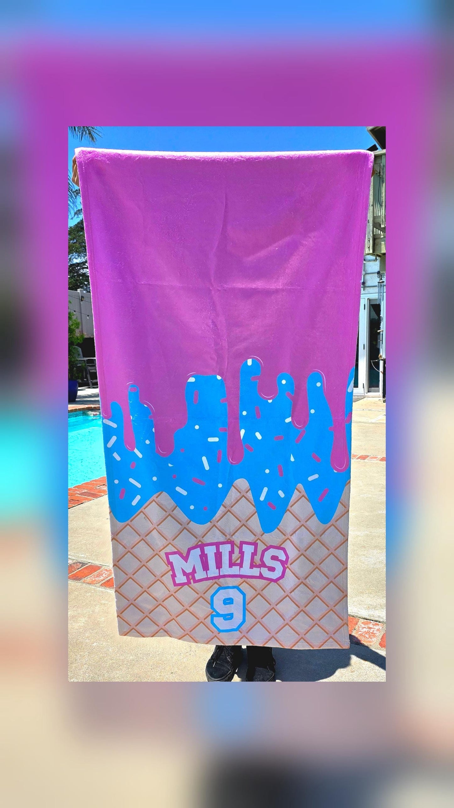 Ice Cream Drip Beach Towel Baseball Player Gift Cotton Candy Personalized Name Team Order  Baseball Custom Order Custom Colors Team Match