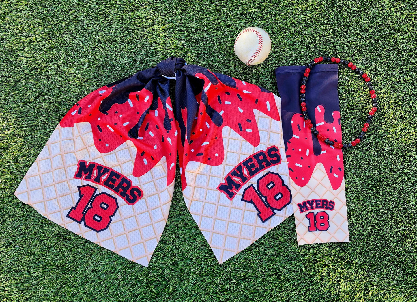 Custom Ice Cream Cone Drip Sports Cooling Towel Drippy Design with Matching Arm Sleeve and Necklace