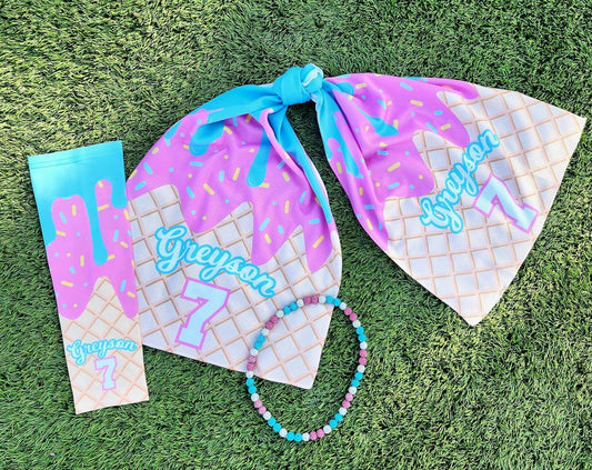 Custom Ice Cream Cone Drip Sports Cooling Towel Drippy Design with Matching Arm Sleeve and Necklace